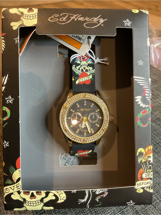 Ed Hardy Gold Tone Black Dial Watch with Red & Green Tattoo Strap #055 main image 4